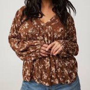 Torrid Brown Floral V-Neck Blouse